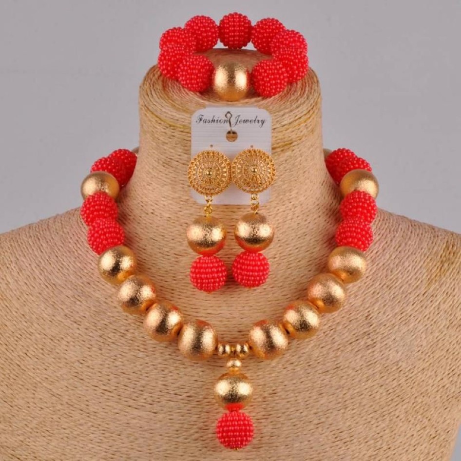 Boucles d'oreilles collier rouge mode africaine à la main perlée Nigeria ensemble de bijoux de mariage Imitation perle femme boucle d'oreille Bracelet XX-29309M