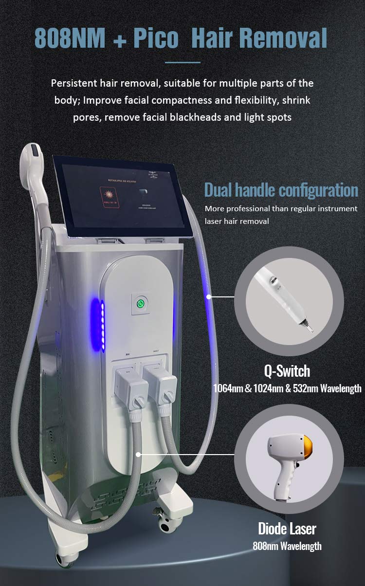 Factory Price 2 in 1 Q switch Diode Ice laser hair removal pico switched nd yag tattoo removal carbon peel skin treatments pigmentation removal machine