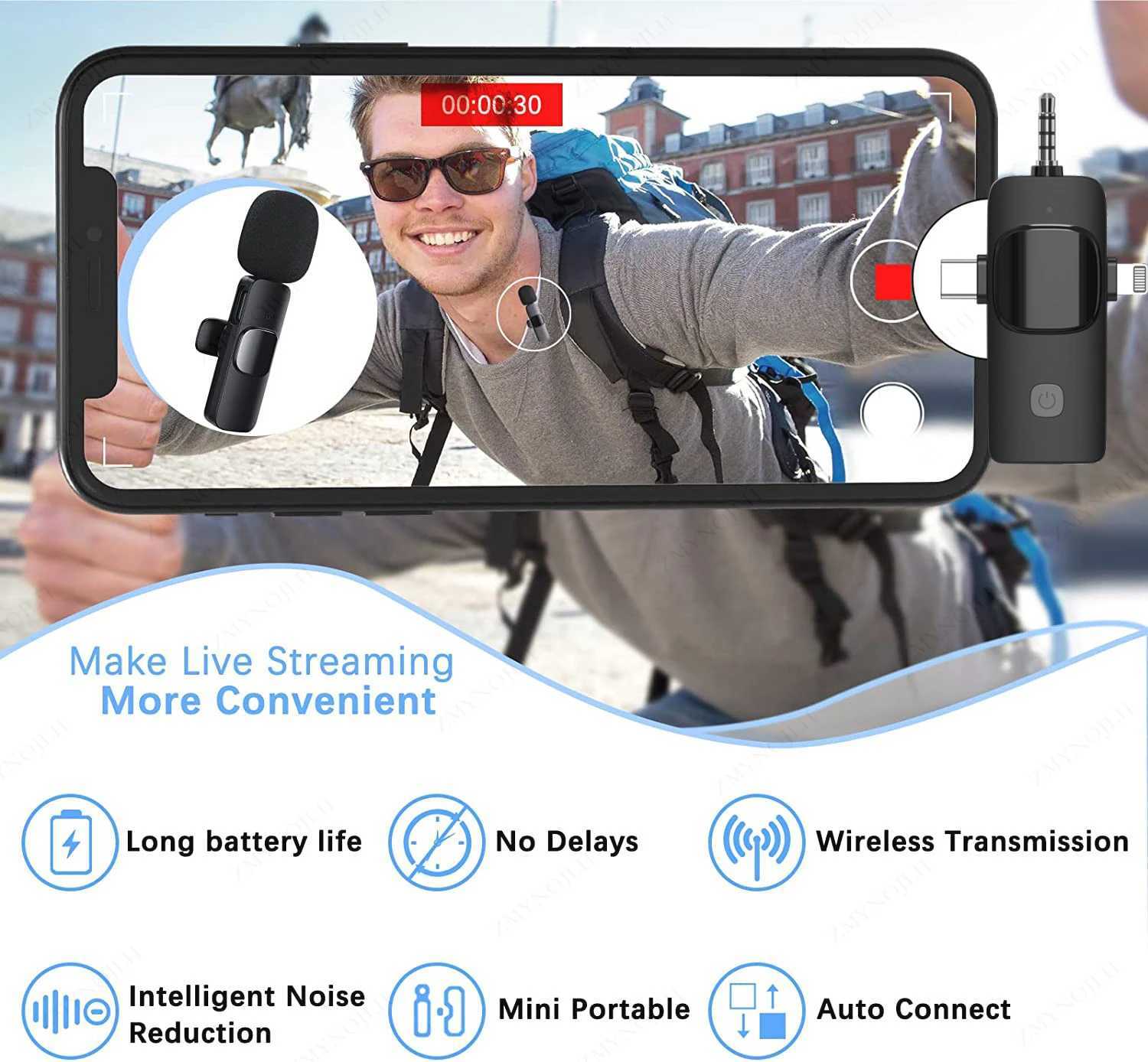 Microphones Professional 4 In 1 Wireless Lavalier Microphone for iPhone Android 3.5mm for radio Live Recording Noise Reduction Mini Microph 240408