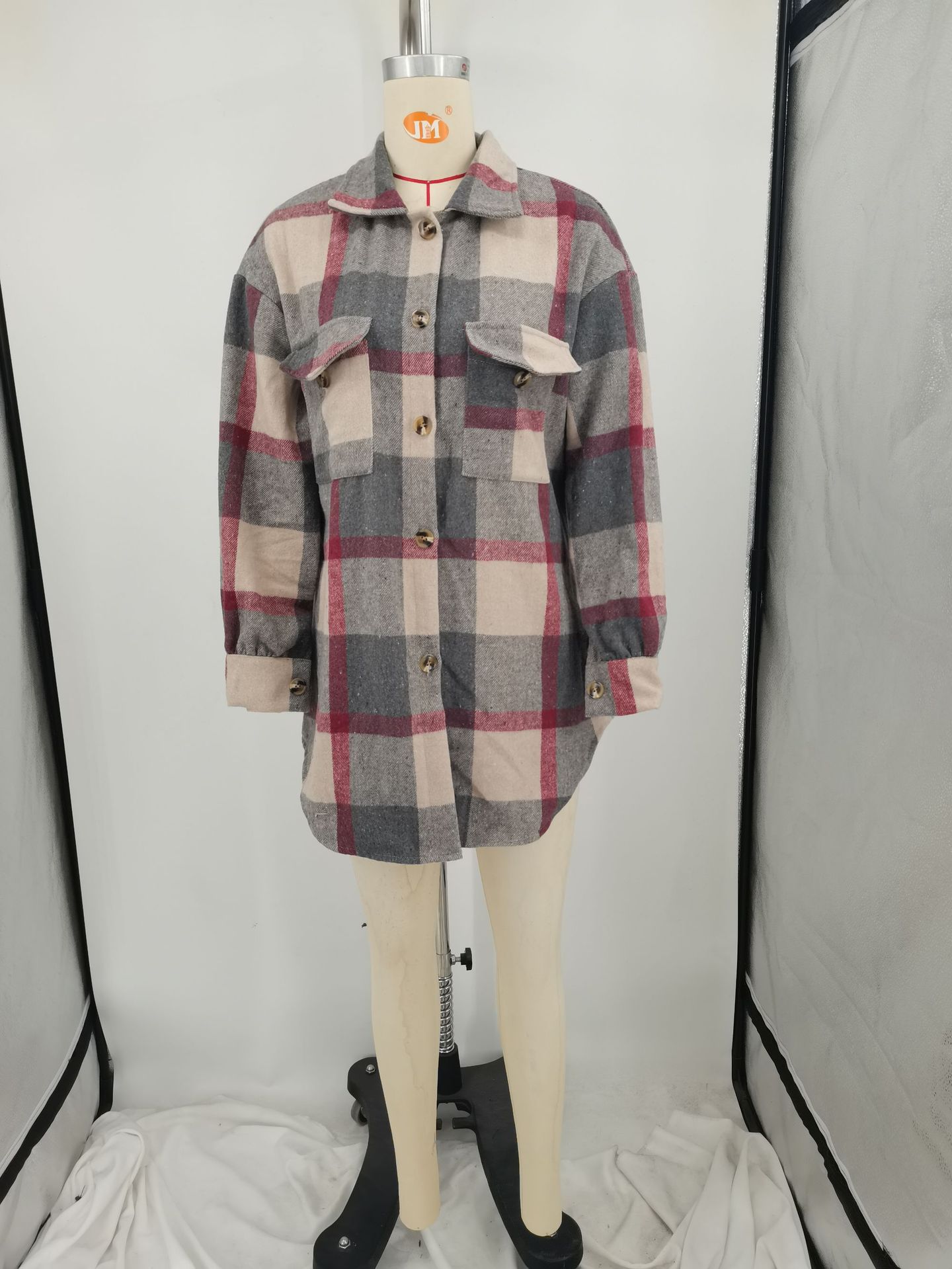 5XL Plaid Shirt Tweed Jassen Vrouwen Casual Revers Hals Jasje Lange Outerwears Gratis Schip