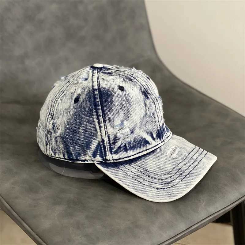 Ball Caps New Fashion Denim Cloth Hat Casual Washed Old Hole Jeans Baseball Hat Retro Mens Blank Button Hat Womens Hip Hop Hat Bones J240226
