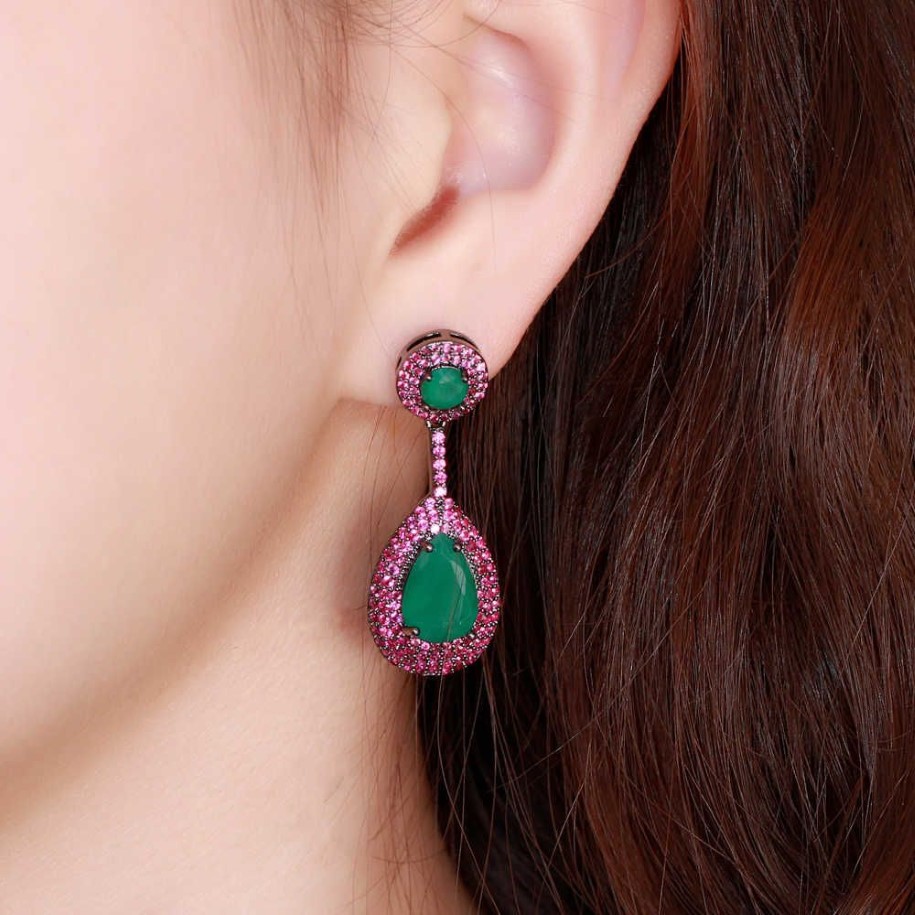 Cwwzircons Micro Pave Pink Cubic Zirconia Green Emerald Dangle Water Drop Silver Engagement Party Earring for Women CZ868 210624262N