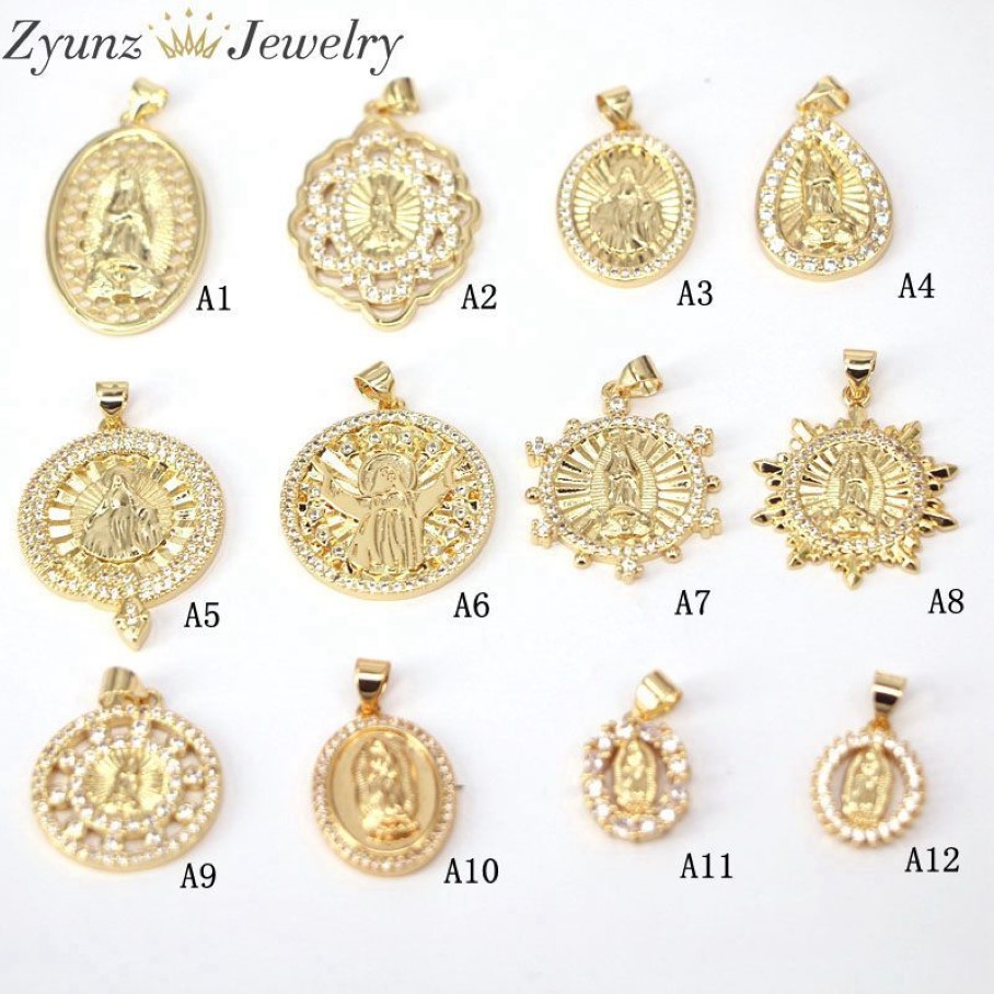 Złoty kolor Micro Pave Cz Virgin Mary Jezus Charms Wisidant Instalacje biżuterii 09273338