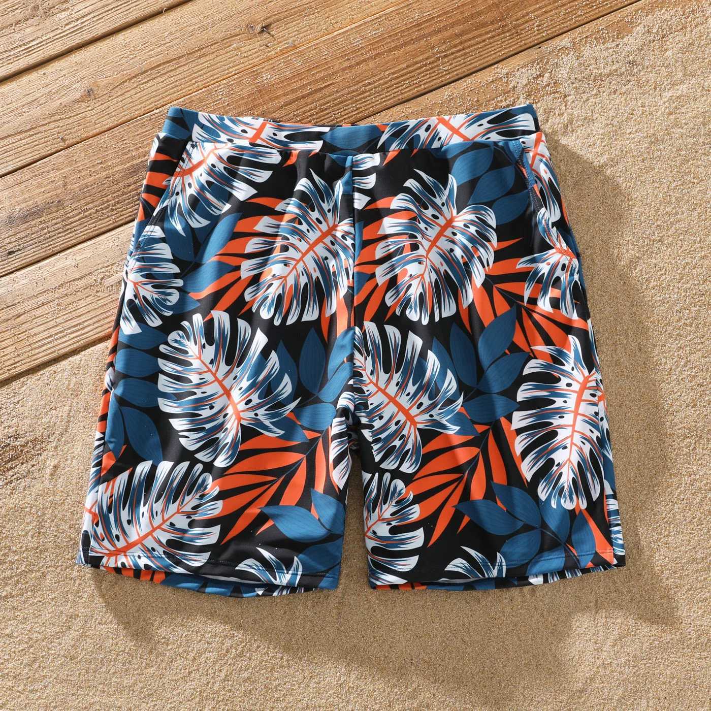 Familjsmatchande kläder PA Familj Matchande baddräkt Solid skarvning Palm Leaf Print Spaghetti Strap One-Piece Swimsuit and Swim Trunks Shorts