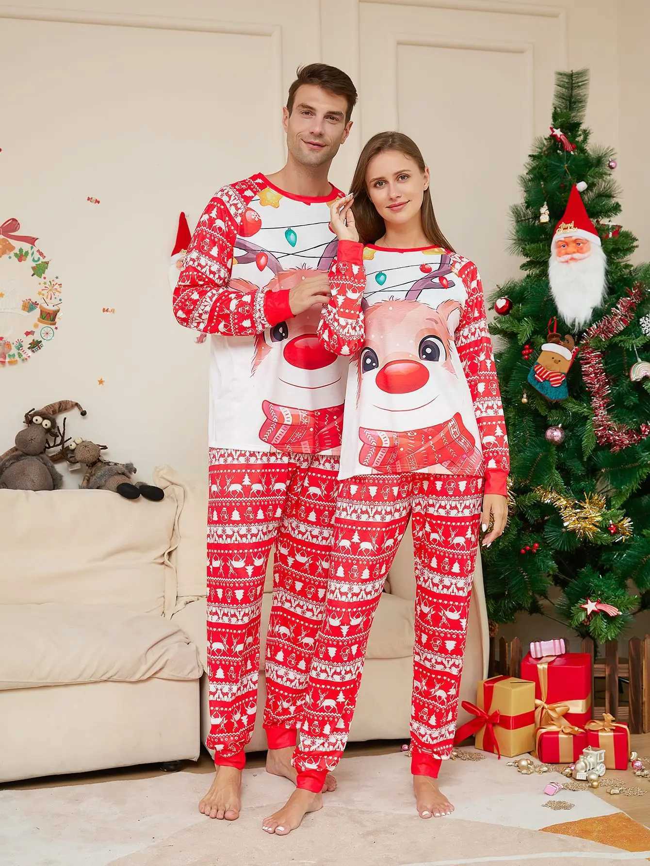 Conjunto de pijamas macios para a família, novo 2023, visual de Natal, estampa de cervo fofo, mãe, pai, crianças, bebê, cachorro, roupas combinando, casual, solto, roupa de dormir