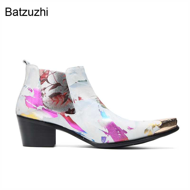 Batzuzhi 2024 Designerlaarzen 6,5 cm hakken Hoge lederen enkellaarzen Herenmode Wit Zakelijk, feest, bruiloftsschoenen, grote maten