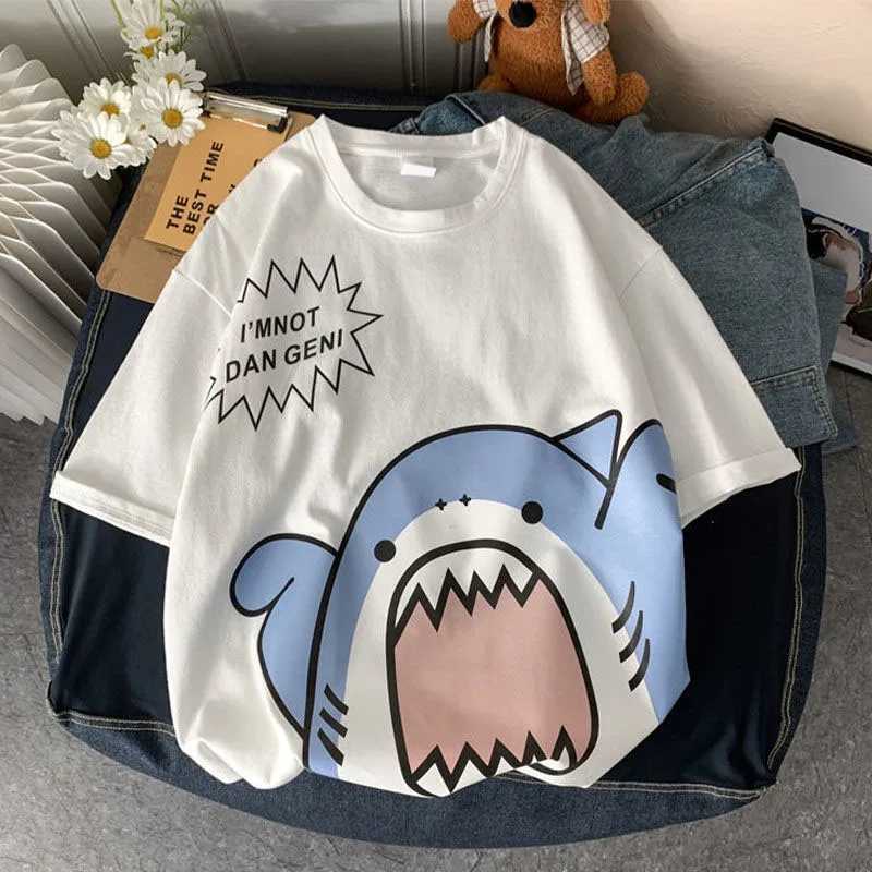 T-shirt da uomo Y2k T-shirt oversize a maniche corte T-shirt Kawaii da donna Shark Sciolto cotone coreano All-match Studenti Semplice estetica vintageL2402