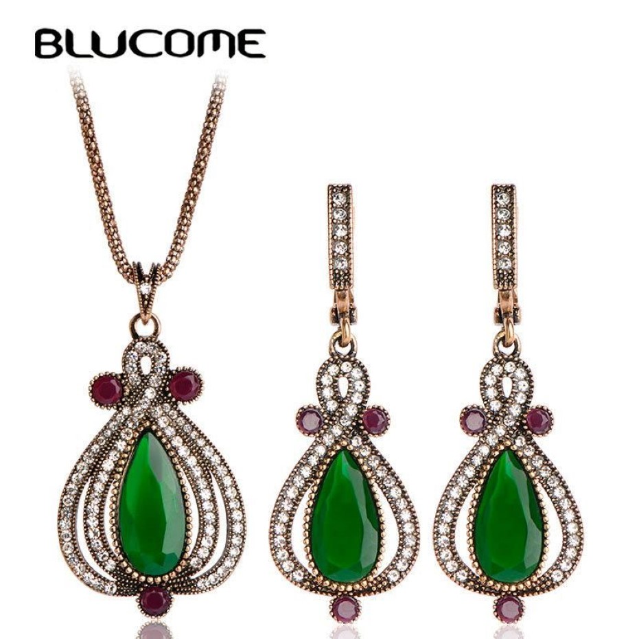 Boucles d'oreilles Collier Blucome Ensembles de bijoux vintage Pendentif goutte Antique Or Résine Femmes Accessoires de fête de mariage Cadeaux exquis233n