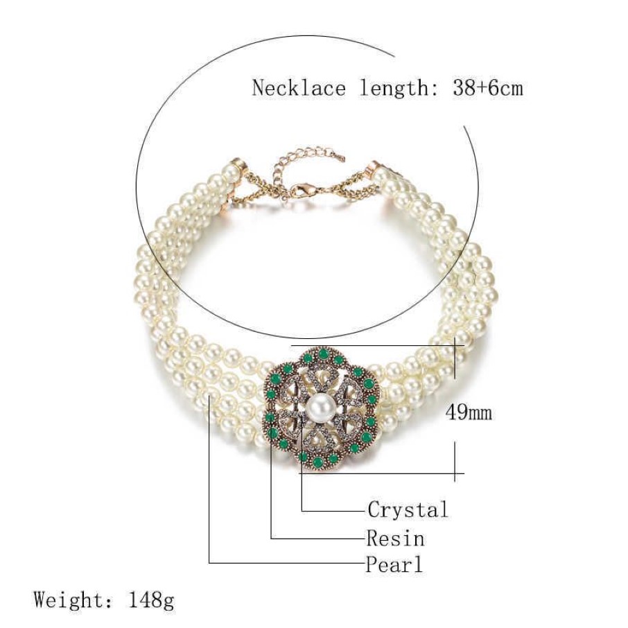 Luxury Ethnic Bride Wedding Choker Antique Gold Color Multilayered Pearl Big Crystal Flower Necklace Morocco Jewelry244N