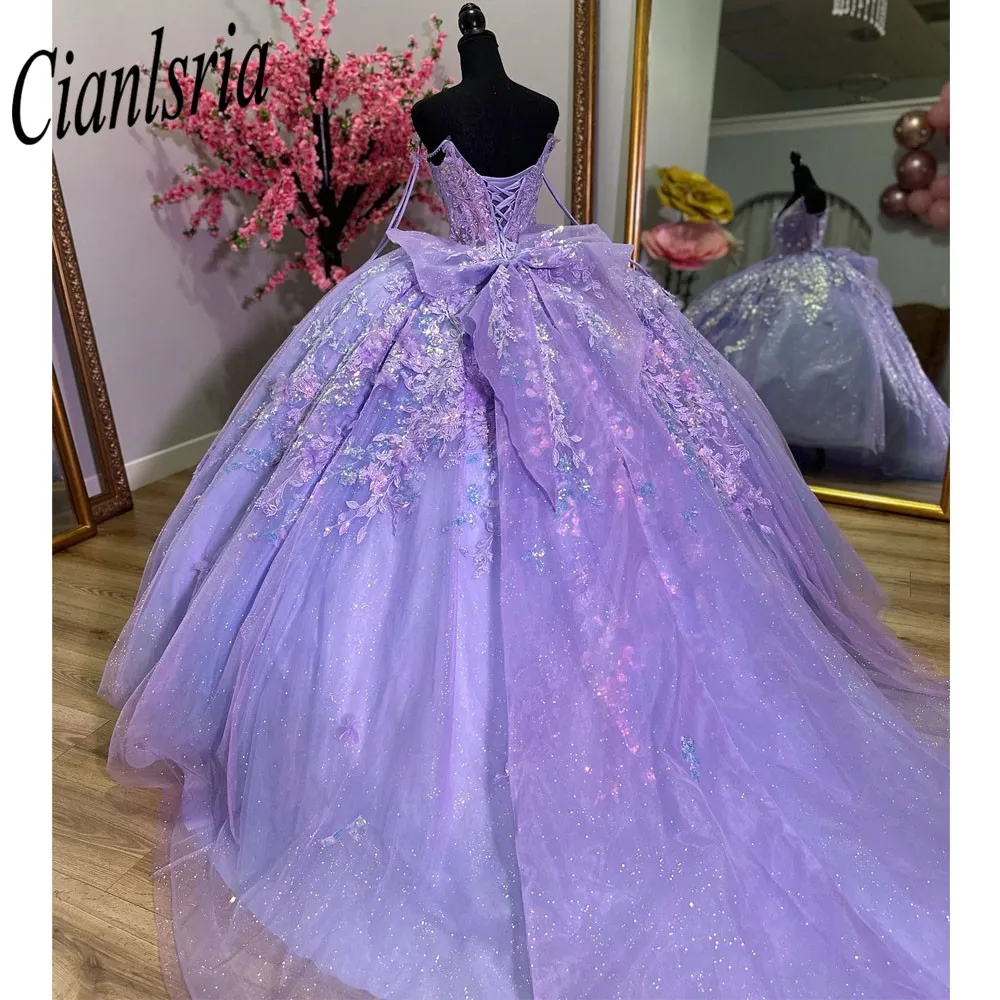 Lilac Sequined Appliques Lace Bow Ball Gown Quinceanera Dress Spaghetti Strap 3D Flowers Corset Vestidos de 15 Anos