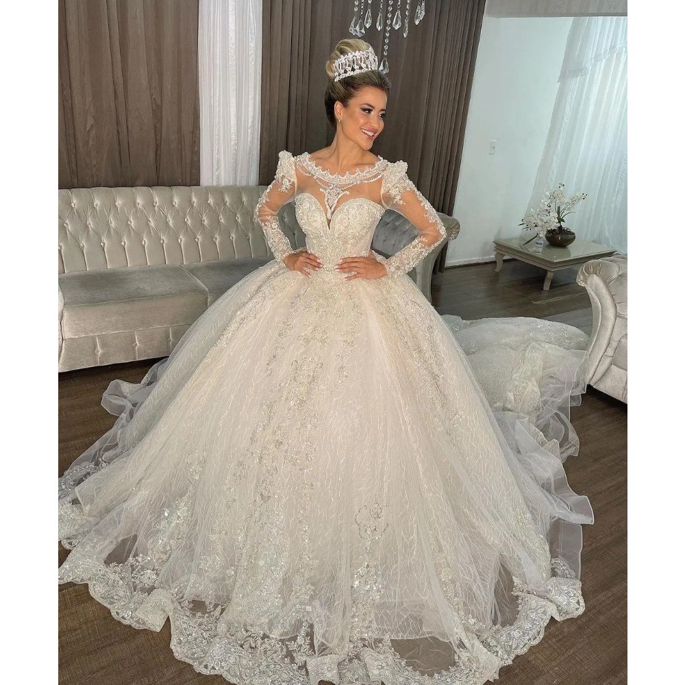 Stunningbride 2024 Princesa A-Line Vestido de Noiva Sheer Jewel Neck Manga Comprida Lantejoulas Apliques de Renda Beads Puffy Plus Size Vestidos de Festa de Noiva