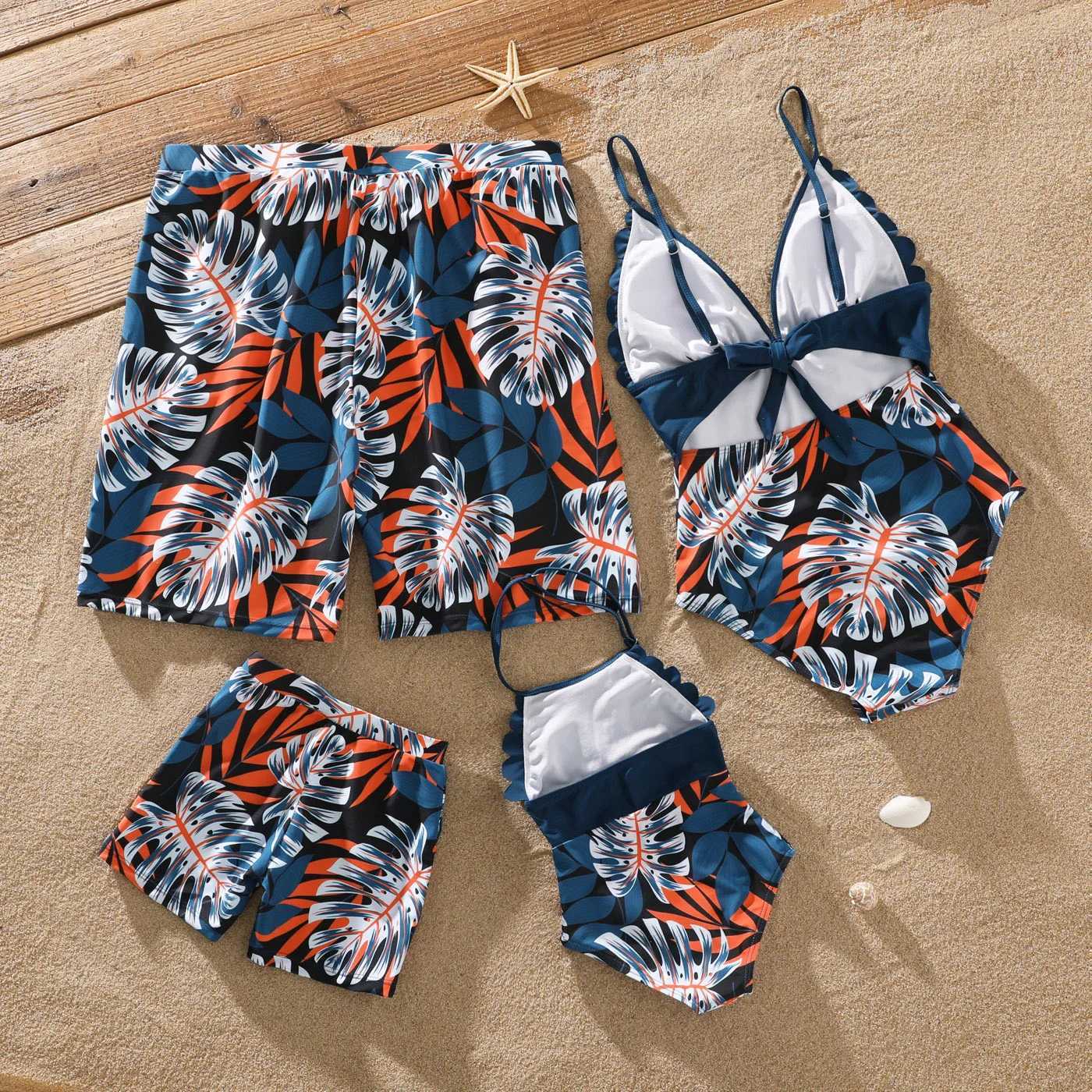 Familjsmatchande kläder PA Familj Matchande baddräkt Solid skarvning Palm Leaf Print Spaghetti Strap One-Piece Swimsuit and Swim Trunks Shorts