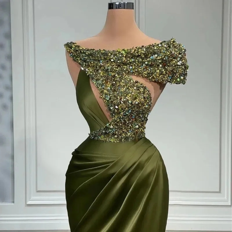 2024 sexy verde oliva vestidos de noite usar fora do ombro mangas ilusão sereia lantejoulas rendas contas formais vestidos de baile