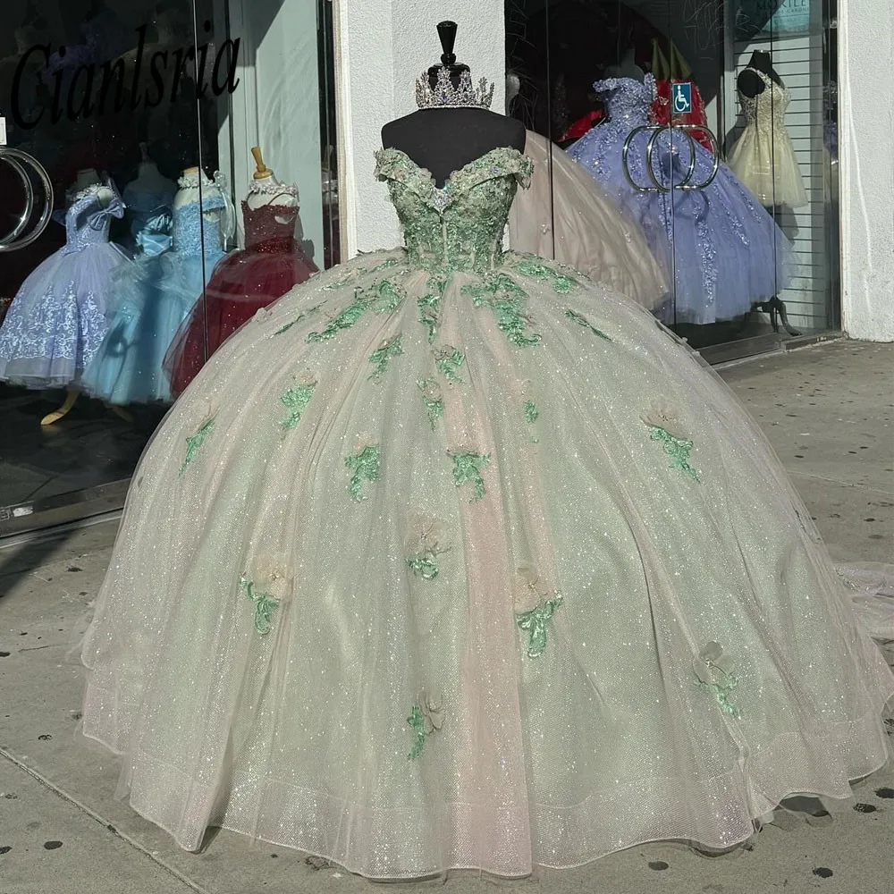 Robe De bal élégante à fleurs 3D, épaules dénudées, robes De Quinceanera, avec des Appliques De perles, Corset en dentelle, robes De 15 ans