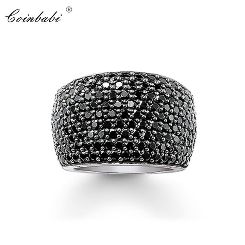 Bagues de cocktail noir CZ pavé large en argent Sterling 925, cadeau pour femmes et hommes, style européen, bague rebelle, bijoux à la mode 210924213r