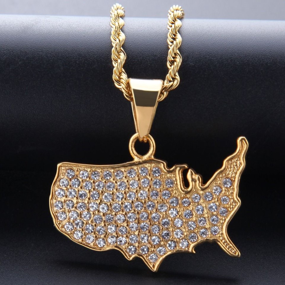 Mode-Hip Hop Iced Out Karte von Amerika Form Anhänger Halsketten Edelstahl Mode beliebte Hiphop Charm Halskette Schmuck Geschenk209e