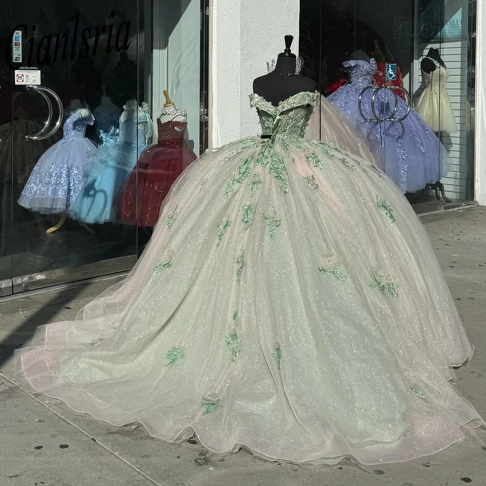 Elegante abito da ballo con fiori 3D con spalle scoperte Abiti stile Quinceanera Applicazioni di perline Corsetto in pizzo Abiti da 15 anos