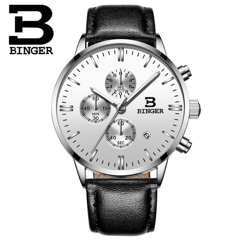 Äkta Binger Quartz Male Watches äkta läderklockor Racing Men Students Game Run Chronograph Watch Male Glow Hands CX200805247S