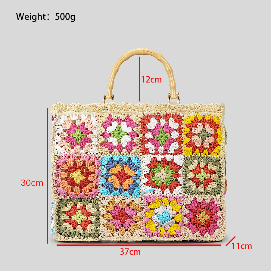 Bohemian Granny Square Staw Borse Casual Carta intrecciata Manico in bambù Borse a mano da donna Borsa da spiaggia estiva fatta a mano Borsa grande Tote 2024