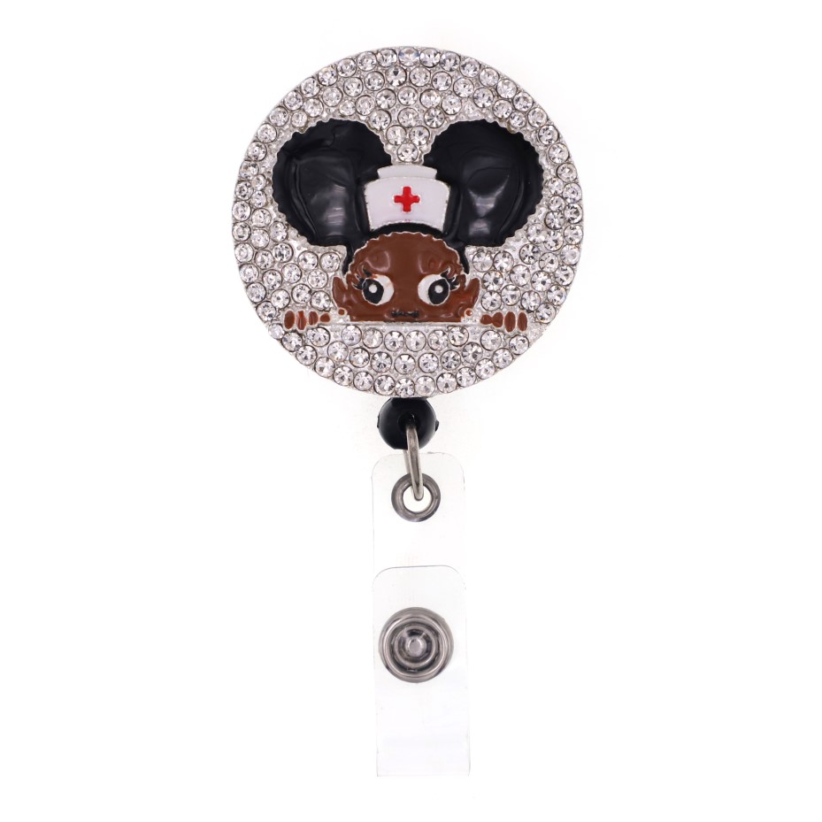 Porte-clés rétractable en strass pour fille noire, nouveau style, porte-badge pour nom d'infirmière, accessoires, bobine de badge avec pince crocodile 268g