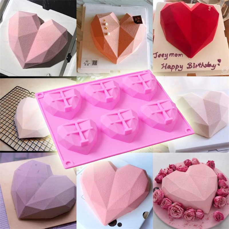 6 Cavity 3D Diamond Heart Shape Mould 100% Food-Grade Silicone Dessert Mold Non-Stick Easy Release Mold Cake Candy Ice Cube Soap Tray