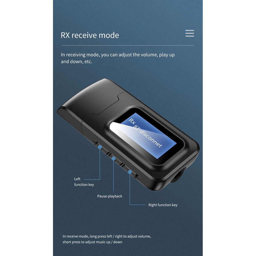 Bluetooth USB 5.0 Wireless Adapter LCD Display Audio Sändare AUX Mottagare 2-i-1 sändtagare
