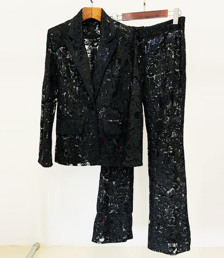 HIGH STREET Newest 2024 Designer Runway Suit Set Women's Single Button Guipure Lace Sequined Blazer Pants Suit