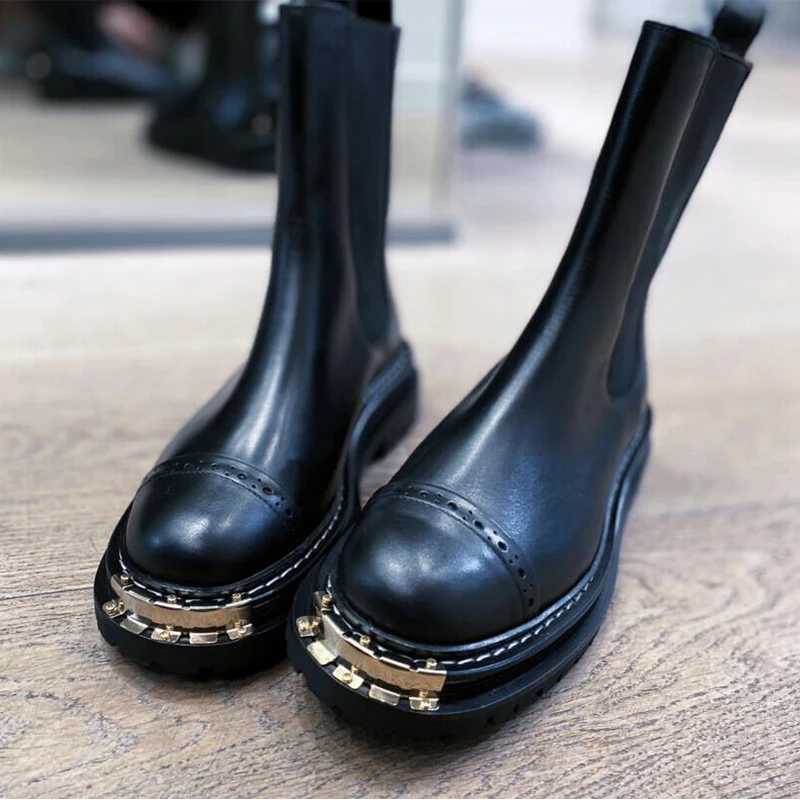 Boots New Chelsea Boots Women Round Toe Platform أحذية نساء من جلد الشتاء الشتاء للنساء للأزياء الصوتيات Mujer