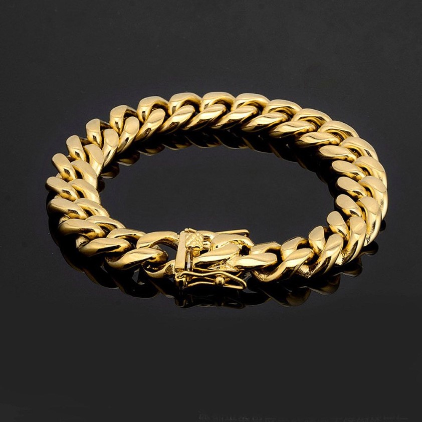 Männer Frauen Edelstahl Armband hochglanzpoliert Miami kubanische Panzerkette Armbänder doppelte Sicherheitsverschlüsse Gold Stahl 8 mm 10 mm 12 mm 14266b