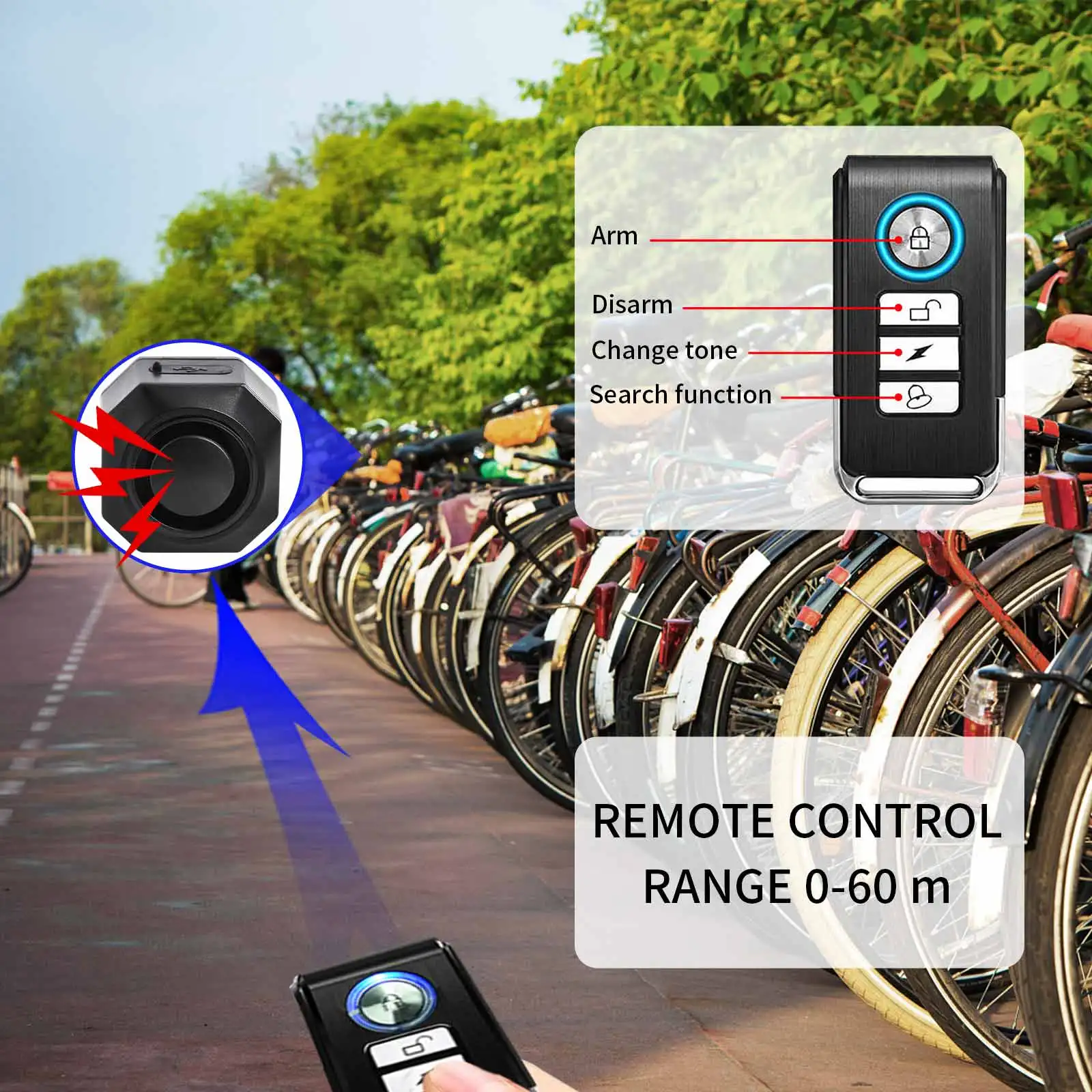 Kitler Kablosuz Antitheft Siyah Taşınabilir Bisiklet Alarmı Uzak Bisiklet/Ebike/Motosiklet Güvenliği Şarj Edilebilir Titreşim Sensörü Alarm