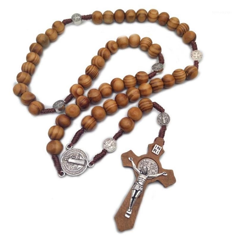 Men Women Christ Wooden Beads 10mm Rosary Bead Cross Pendant Woven Rope Chain Necklace Jewelry Accessories1214S