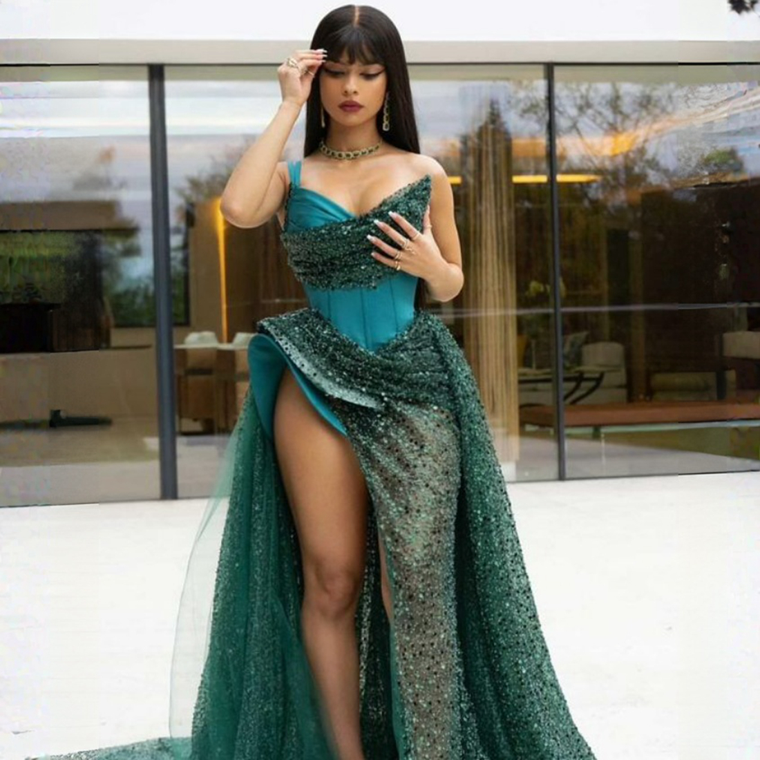 Emerald Evening Gowns Prom Dresses Long One Shoulder Sequined Lace Evening Dresses Elegant for African Nigeria Black Women Birthday Dresses Engagement Gown AM030