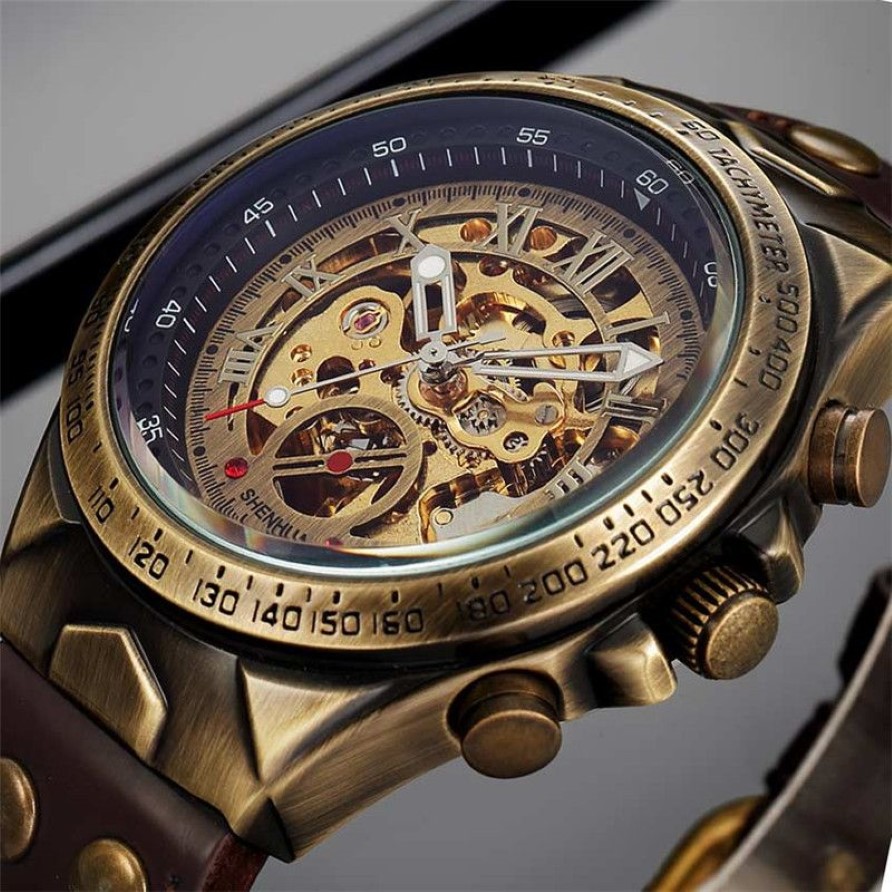 Montre homme squelette automatique mécanique horloge mâle Top marque de luxe rétro Bronze Sport montre-bracelet militaire Relogio Masculino J1907296L