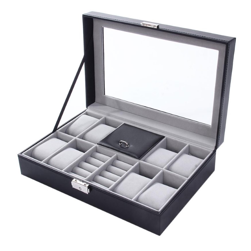 Titta på lådor Mixed Grids Wacth Box Leather Case Storage Organizer Luxury Jewelry Ring Display Black Quality 2 In 1200C