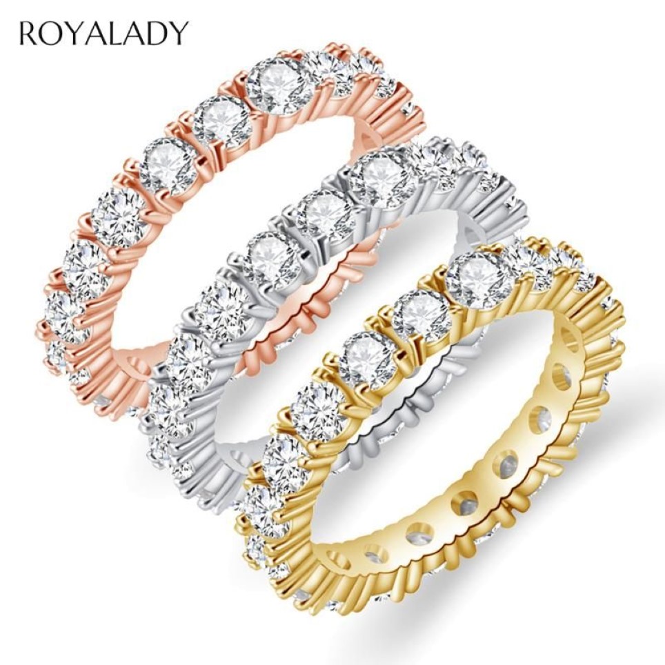 Anillos apilables de eternidad con banda pavimentada de circón cúbico a la moda para mujer, anillos redondos de cristal redondos de oro rosa blanco para fiesta de boda Whole217E