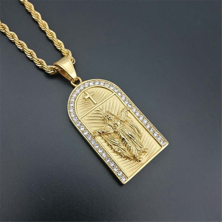 Hip Hop Iced Out Croce Gesù Collane Pendenti Color oro Catena in acciaio inossidabile donna Uomo Gioielli cristiani Crocifisso XL1224300a