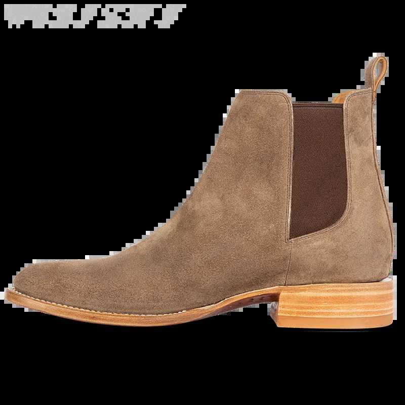 Bottes Hommes Taupe Chelsea Bottes À La Main Sans Lacet Affaires Cowboy Bottes En Daim En Cuir Haute Cheville Résistant À L'usure Chaussures Décontractées Mâle Hiver