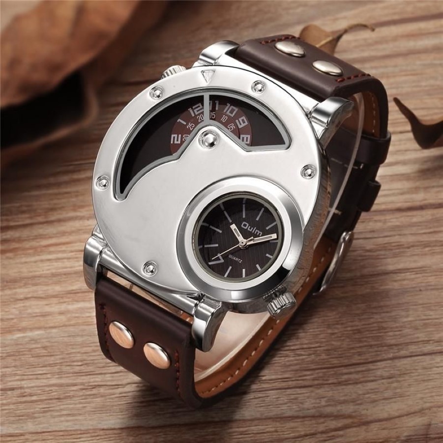 Oulm moda prata caso relógios masculinos duplo fuso horário couro do plutônio relógio de pulso casual esportes masculino relógio de pulso w3040