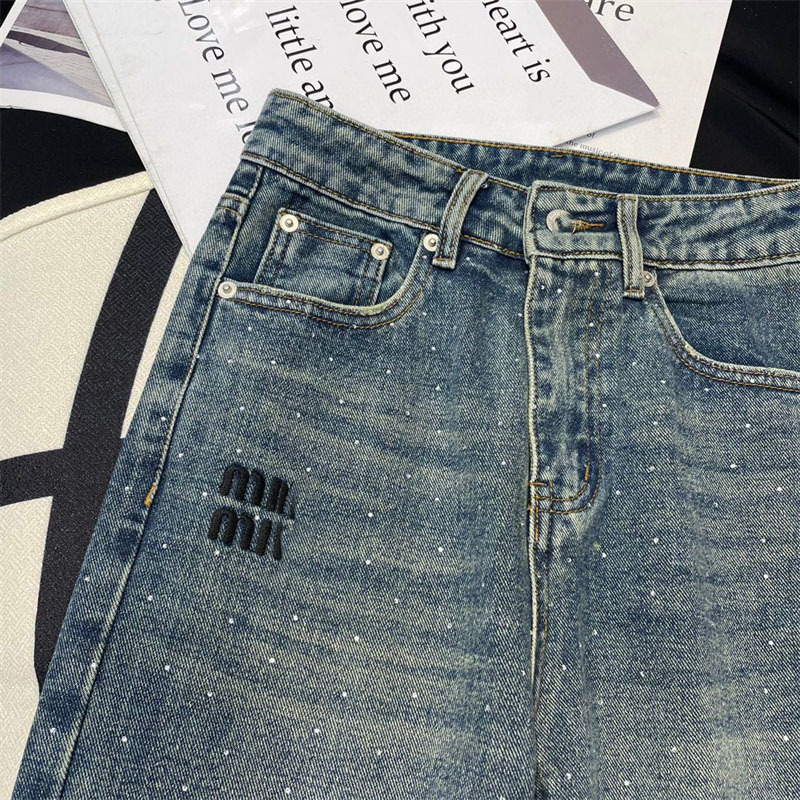 Frete grátis 2024 azul reto solto jeans feminino designer logotipo carta bordado cristais calças jeans femininas 22705