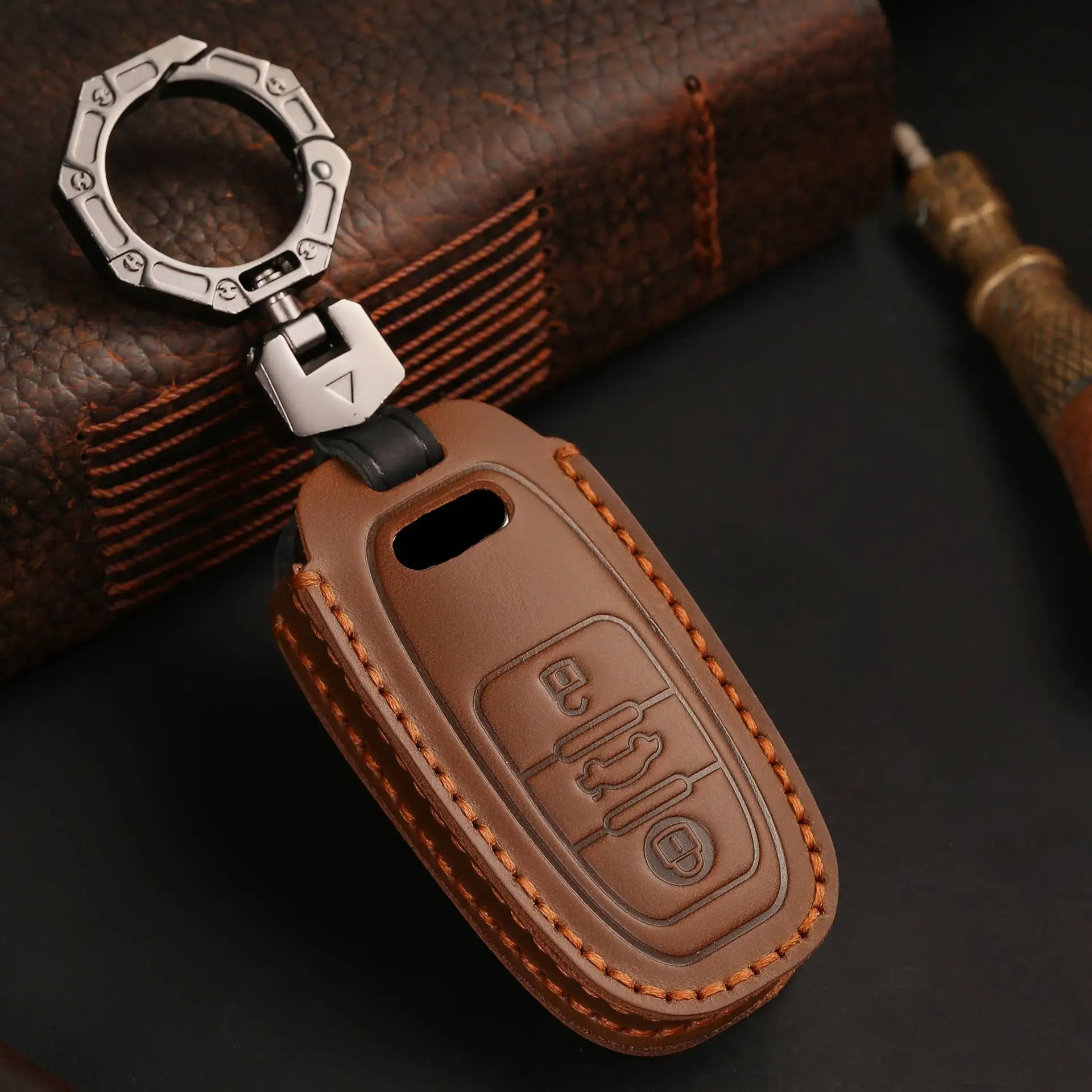 Audi A1 A3 A4 A5 A6 A6 A6 A7 A7 A8 Quattro Q3 Q7 2009-2015 Keyring Shell FOB CASE HOLDER 용 진정한 가죽 자동차 키 커버