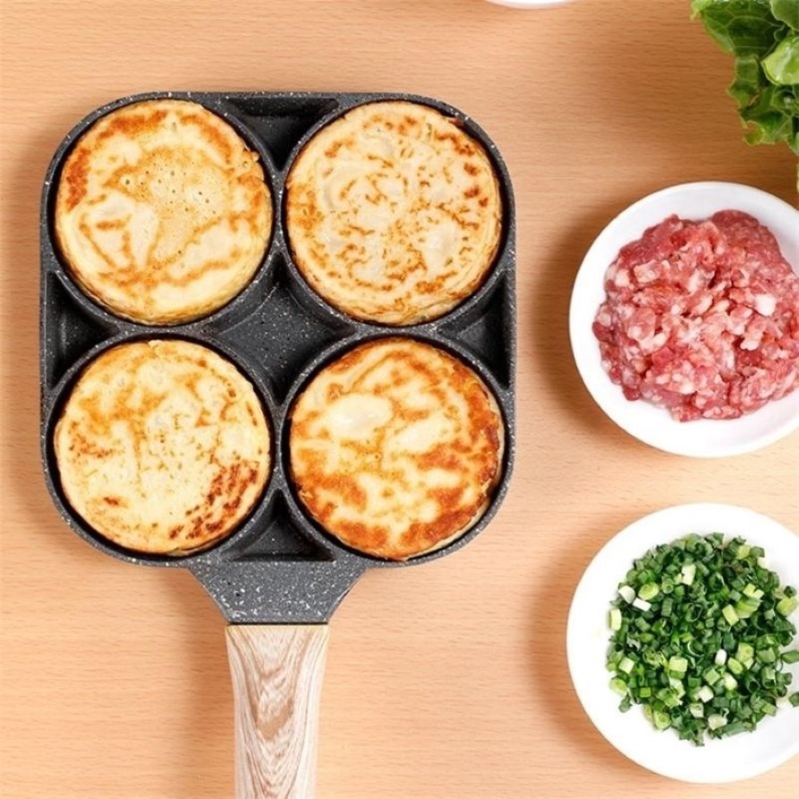 4 Gat Omelet Pan Voor Burger Eieren Ham Pannenkoek Maker Houten Handvat Koekenpan Non-stick Koken Ontbijt 201223162f