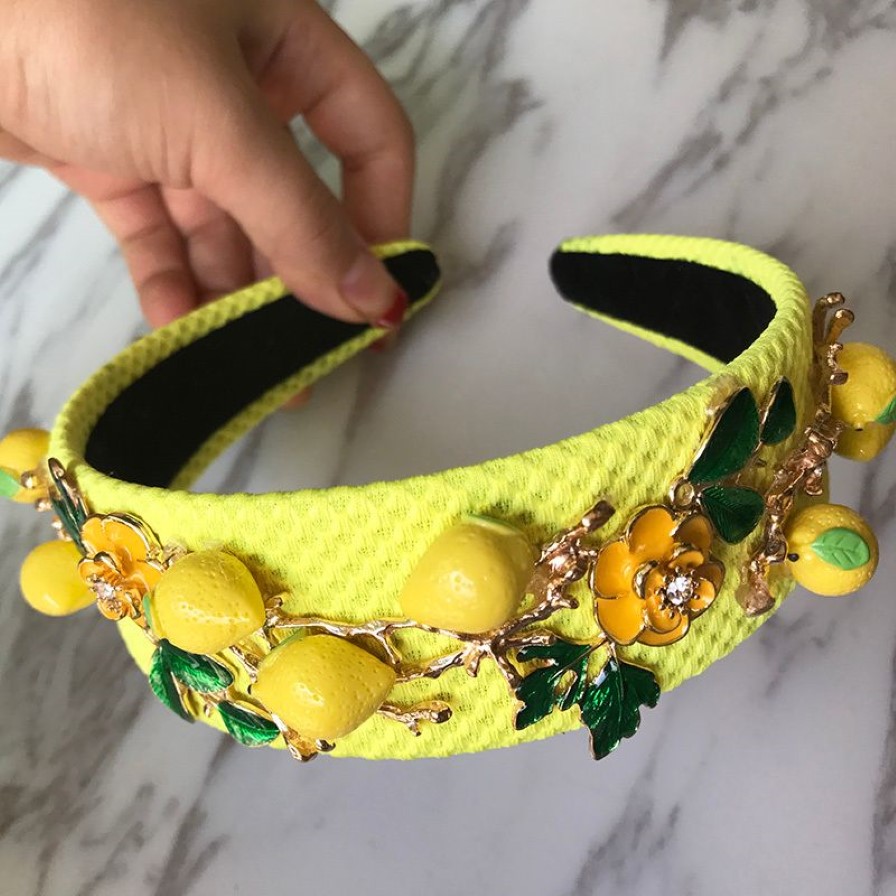 Baroque Fashion Runway Cute Yellow Lemon Flower Green Leaves Headband For Women Luxury Vintage Wideside Hair Accessories Jewelry 2223n