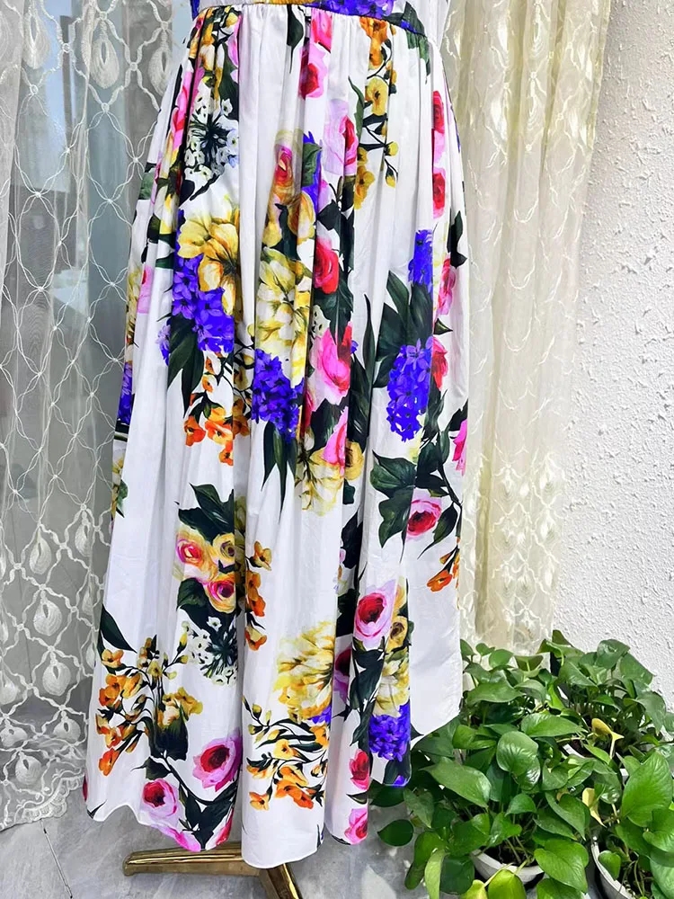 Zomervakantie strandjurk 100% katoen Bloemenprint Spaghettibandjes High Street Midi vestidos Rugelastiek