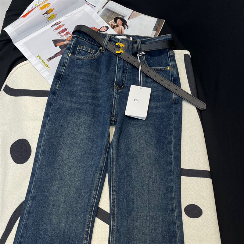 Frete grátis 2024 azul flare longo jeans feminino designer logotipo carta bordado calças jeans femininas com cinto 22708