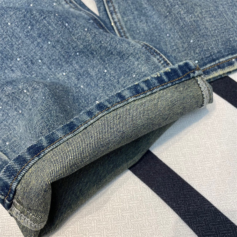 Frete grátis 2024 azul reto solto jeans feminino designer logotipo carta bordado cristais calças jeans femininas 22705