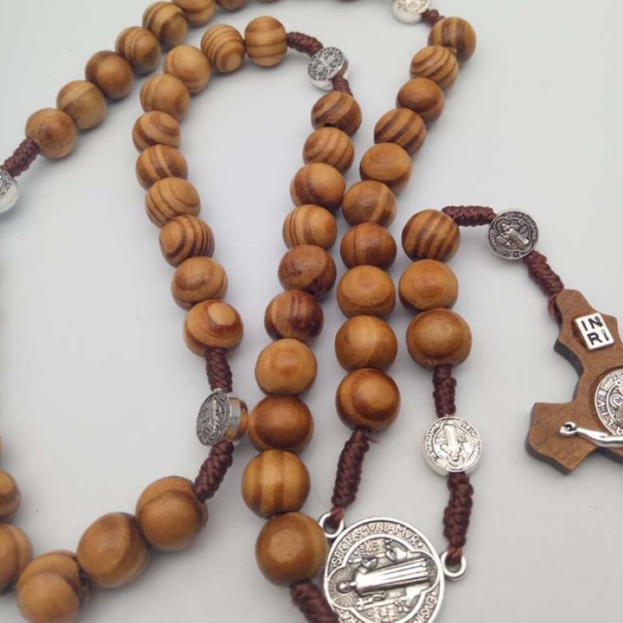 Män kvinnor Kristus träpärlor 10 mm radband pärla korshänge vävt repkedja halsband smycken tillbehör1307h