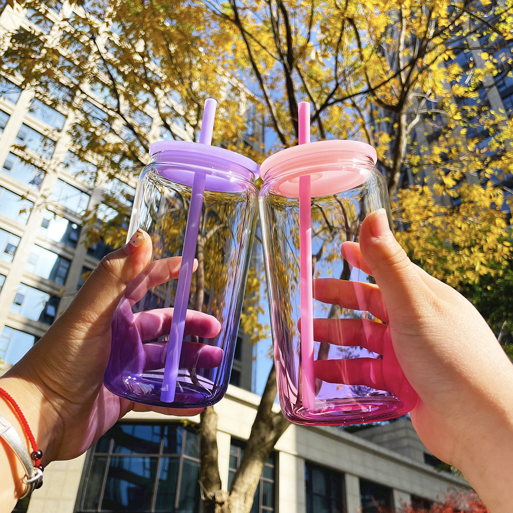 vente en gros sans BPA 16 oz borosilicate multi couleurs ombre gelée soda bière verre peut tasses à café en plein air bouteille d'eau avec paille de couleur et couvercles pour sublimation et vinyle