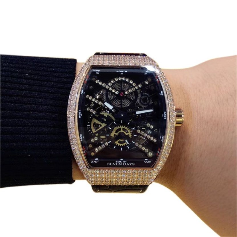 5 cores Saratoge Vanguard V 45 T SQT preto oco esqueleto mostrador automático relógio masculino rosa ouro diamante caixa couro pulseira de borracha W317P