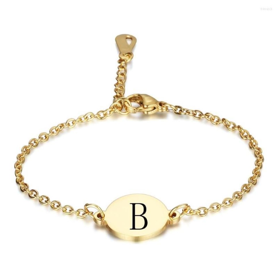 Link Bracelets Golden A-Z Initial Engraved Letters For Women Girls Titanium Steel 26 Alphabet Round Coin Braclet Fashion Jewelry226f