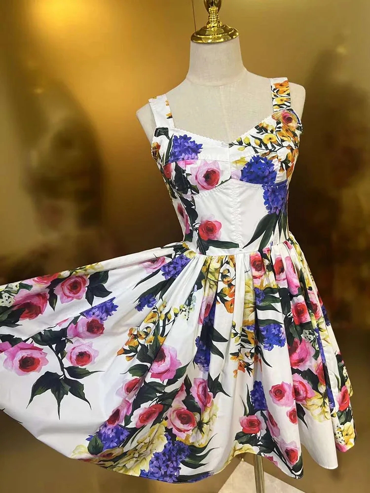 Summer 100% Cotton Flower Printing Dress High Street Women Spaghetti Strap Vestidos